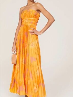 Slate & Willow Strapless Pleated Maxi Dress in Orange & Yellow Accents